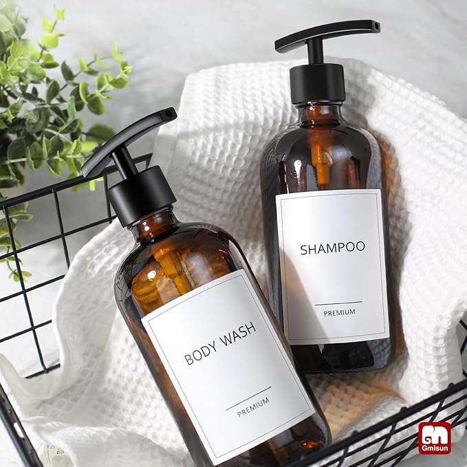 GMISUN Amber Glass Soap Dispenser, 2 Pack Bathroom Hand Soap Dispensers with Stainless Steel Pump, 17 Fl Oz Kitchen Hand and Dish Soap Dispenser Set, Modern Vintage Liquid Brown Soap Dispensers Bottle