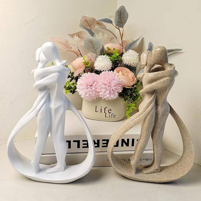 Couple Sculptures for Home Decor, Anniversary Statue Gifts, Hugging Couple Figurines, Modern Romantic Sculptures for Living Room, Bedroom, Office Decor (White)