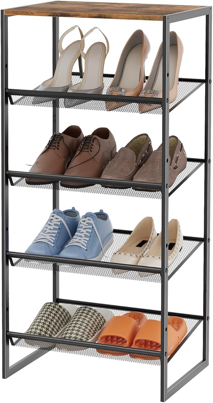 Garden 4 you 5 Tiers Narrow Shoe Rack,Small Space Freestanding Shoe Storage Organizer with Brown Wooden Tabletop,Adjustable Metal Shelf Stackable Shoe Shelf for Entryway Hallway Living Room Closet