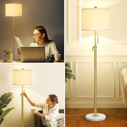 【Upgrade】Gold Floor Lamps for Living Room, 55"-67" Height Adjustable Modern Standing Lamp with Marble Base, Pull Chain Switch, 3-Way Dimmable Tall Pole Lamp for Bedroom Office Reading, Bulb Included