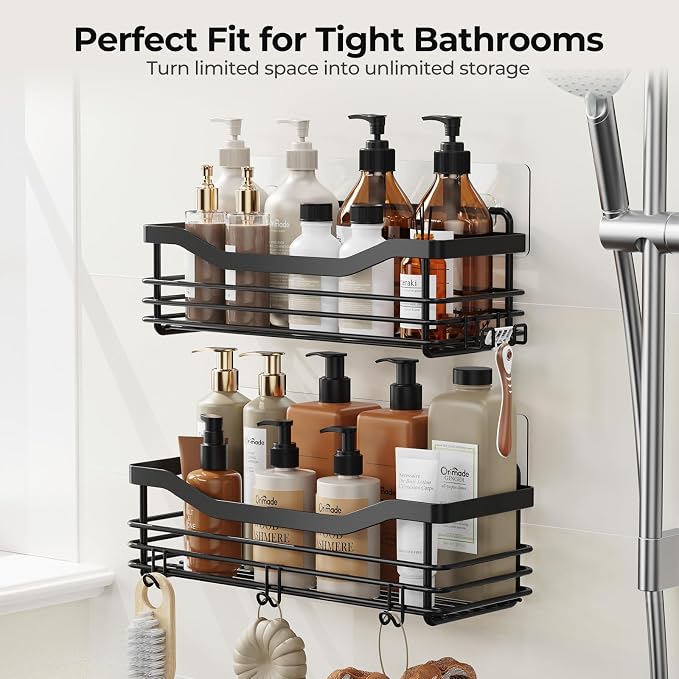 Orimade Adhesive Shower Caddy Shelf with 5 Hooks Organizer Storage Rack Rust Resistant Wall Mounted Stainless Steel No Drilling for Bathroom, Toilet, Kitchen - 2 Pack,Black