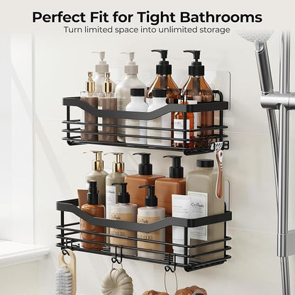 Orimade Adhesive Shower Caddy Shelf with 5 Hooks Organizer Storage Rack Rust Resistant Wall Mounted Stainless Steel No Drilling for Bathroom, Toilet, Kitchen - 2 Pack,Black