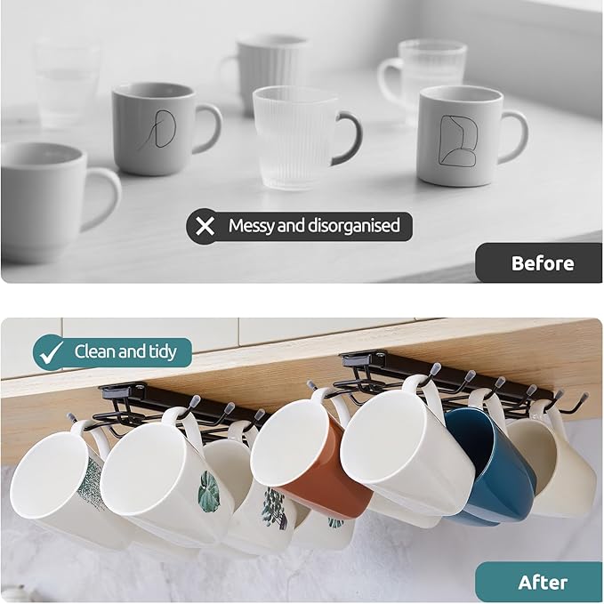 LiaMeE Sliding Mug Hooks Under Cabinet - Pull Out Coffee Cup Holder Rack with 12 Hooks, Metal Under Shelf Mug Organizer for Kitchen, Space Saving Hanging Storage (Black,2PCS)