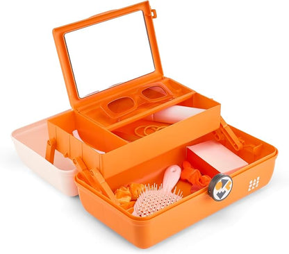 Caboodles School Spirit On-The-Go Girl Makeup Box, White Over Orange, Hard Plastic Makeup Organizer Box, Built-In Mirror, Secure Latch for Safe Travel, Spacious Storage for Large Items