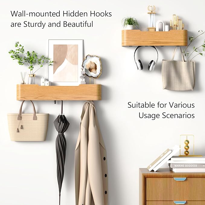 Coat Rack Wall Mount with Hidden Hooks Modern Key Holder Wood Entryway Hook with Shelf for Bedroom Kitchen Hallway Bathroom Designed for Hanging Coats Hats Bags Towels Dog Leashe(Oak,5 Hooks)