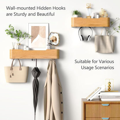 Coat Rack Wall Mount with Hidden Hooks Modern Key Holder Wood Entryway Hook with Shelf for Bedroom Kitchen Hallway Bathroom Designed for Hanging Coats Hats Bags Towels Dog Leashe(Oak,5 Hooks)