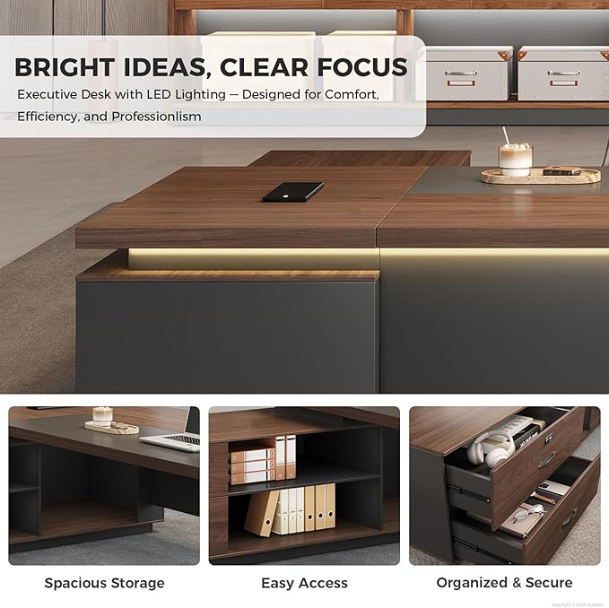 Nuipens 79 Inch Reversible L Shaped Executive Desk for CEO & Manager, Office Workstation with Power Outlet & USB Ports, LED Ambient Lighting, Locking Storage Cabinet, Red Walnut & Black