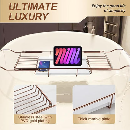 BVL Bathtub Tray Stainless Steel with Marble Base Rose Gold Bathtub Tray with White Marble Base Adjustable & Rustproof Bath Caddy for Spa, Relaxation, Bath Bombs