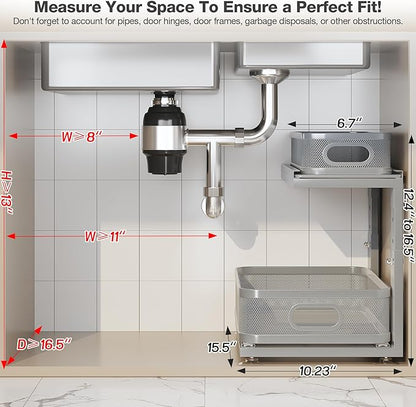 2 Pack 15.5IN-Depth Under Sink Organizer With Next-Gen Ball-Bearing Slides,2-Tier Precision Mesh Pull Out Cabinet Storage for Bathroom&Kitchen,Height Adjustable Drawers Shelf,Anti-rust-Grey