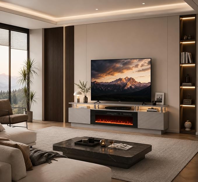 70" TV Stand for Living Room, Entertainment Center with Storage Cabinet, Fits TVs up to 80", Modern Media Console with Shelves, 36" Electric Fireplace (Grey+Black)