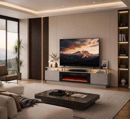 70" TV Stand for Living Room, Entertainment Center with Storage Cabinet, Fits TVs up to 80", Modern Media Console with Shelves, 36" Electric Fireplace (Grey+Black)