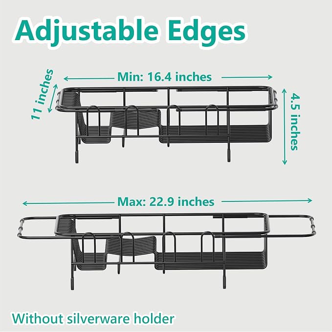 AIDERLY Dish Drying Rack in Sink Expandable Stainless Steel Kitchen Dish Drainer with 4 Cup Holders, Black