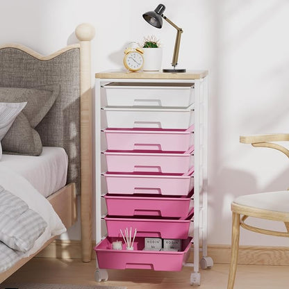 Rolling Cart with 8 Drawers, Storage Drawers Cart with Wooden Tabletop and Lockable Wheels, Craft Storage for Living Room, Office, Classroom, Craft Room, Bedroom