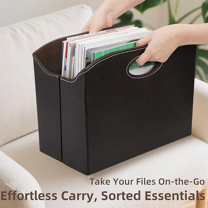 WRINGKIT Leather Magazine File Holder, Foldable Magazine Basket with Handles, Stable Brown Magazines Rack Floor, Document File Folder Organizer Box, Books Newspaper Storage Bin for Office Home School
