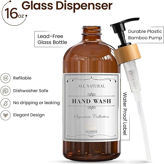Sunrise Premium 16 OZ Thick Amber Glass Soap Dispenser, Bamboo Pump with Tray 4 Pack, Hand and Dish Soap Dispenser Set for Bathroom with 12 Waterproof Labels
