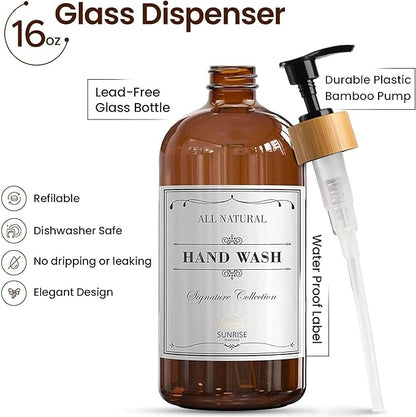 Sunrise Premium 16 OZ Thick Amber Glass Soap Dispenser, Bamboo Pump with Tray 4 Pack, Hand and Dish Soap Dispenser Set for Bathroom with 12 Waterproof Labels