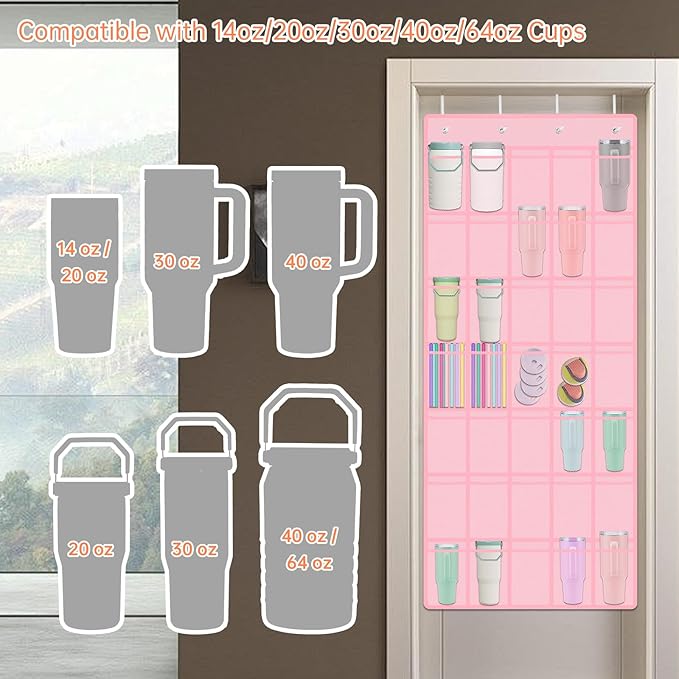 NiHome Multi-Functional 35 Pockets Door Hanging Organizer Fit for Stanley Tumbler in Kitchen, Pantry, Bathroom, Large Capacity Elastic Mesh Secure Storage Water Bottle Cup Holder, Foldable (Pink)