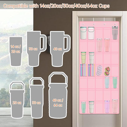 NiHome Multi-Functional 35 Pockets Door Hanging Organizer Fit for Stanley Tumbler in Kitchen, Pantry, Bathroom, Large Capacity Elastic Mesh Secure Storage Water Bottle Cup Holder, Foldable (Pink)