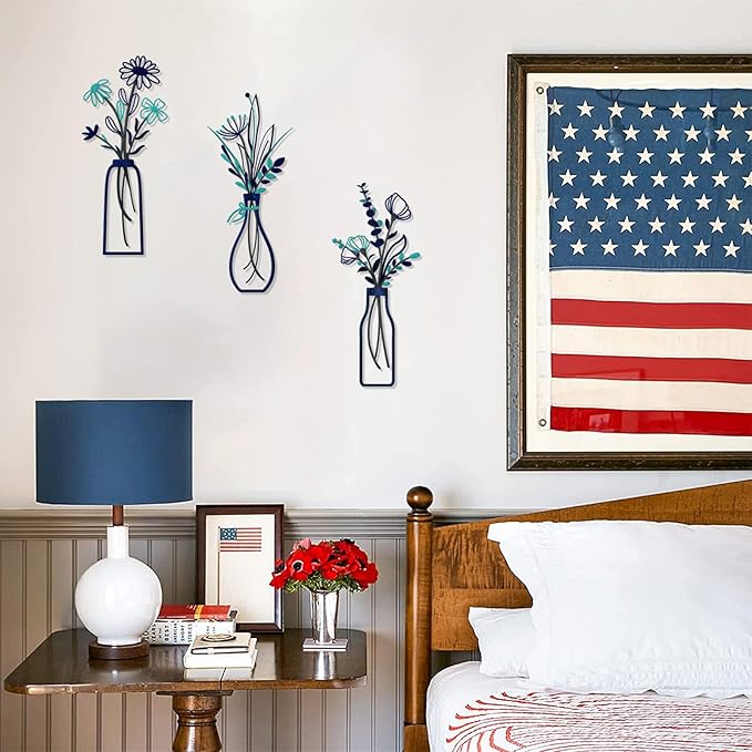 3 Pieces Metal Flowers Wall Arts - Rustic Farmhouse Style Décor Metal Wall Art Black Minimalist Flower Natural Themed Wall Decors for Home Bedroom Dining Room Housewarming (Blue)