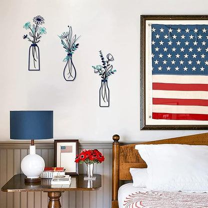 3 Pieces Metal Flowers Wall Arts - Rustic Farmhouse Style Décor Metal Wall Art Black Minimalist Flower Natural Themed Wall Decors for Home Bedroom Dining Room Housewarming (Blue)