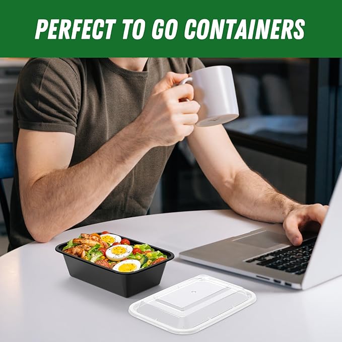 50 Pack (100-Piece) 24 oz Meal Prep Containers Reusable with Lids, Sturdy Leakproof & Food Safe, Microwave, Freezer, Dishwasher Safe Prep Containers, To Go Take Out Plastic Food Storage