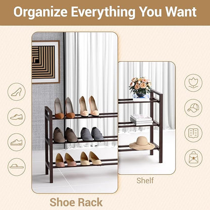 Haddockway Bamboo Shoe Rack for Closet, Free Standing Shoe Organizer with Smooth Round Rods & Convenient Handles, Stackable Shoe Storage Shelf for Entryway, Hallway(Brown, 3-Tier)