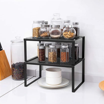 NEX Cabinet Organizer Shelf Set of 2, Kitchen Counter Stackable Shelves, Expandable Spice Rack Pantry Organizers Bathroom Storage Riser, Metal, Black