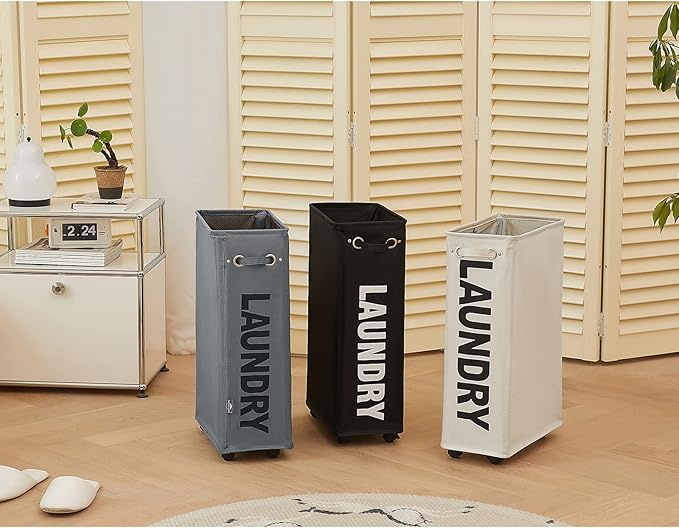 DOKEHOM 25-Inches Slim Laundry Basket on Wheels, Collapsible Rolling Laundry Hamper, Foldable Narrow Corner Clothes Storage Bins (Dark Grey)