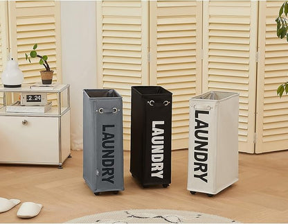 DOKEHOM 25-Inches Slim Laundry Basket on Wheels, Collapsible Rolling Laundry Hamper, Foldable Narrow Corner Clothes Storage Bins (Beige)