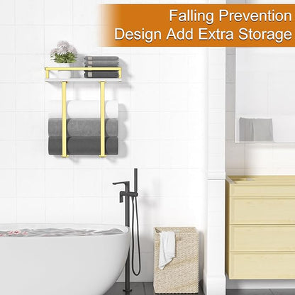 Towel Racks for Bathroom Wall Mounted, Metal Towel Holder with Wooden Shelf for Folding Large Towels, Towel Storage for Small Bathroom Organizer Decor or RV Camping,Golden
