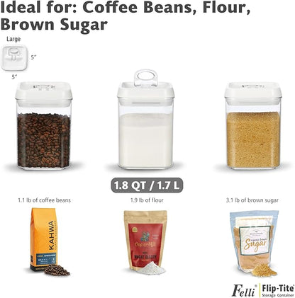 Felli Flip Tite Storage Container with Built-In Spoon & Airtight Lid 5” Large-M Ring Flip Top, Stackable Acrylic Canister for Sugar Flour Powder, Kitchen Pantry Organizer (1.8qt) - 2 spoons only