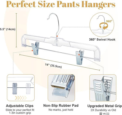 HOUSE DAY Clear Skirt Hangers with Clips, Non-Slip Pants Hangers for Closet, Clip Hanger for Pant, Skirts, Shorts, 14'' Clear Plastic Hanger, Pack of 25