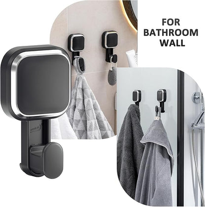 LEVERLOC 4 Pack Suction Cup Hooks for Inside Shower, Powerful Vacuum Suction Shower Holder for Towel, Loofah, Clothes, Damage Free Hanging Bathroom Wall Hooks, Easy to Install and Remove, Black
