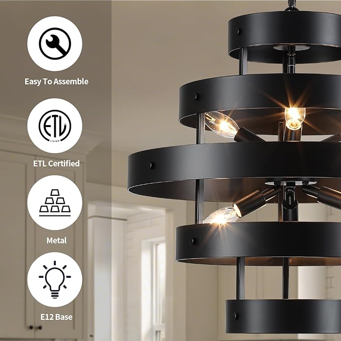 Modern Dining Room Light Fixture Over Table, 6-Light Black Farmhouse Chandelier Industrial Round Metal Rustic Chandeliers Lighting for Kitchen Living Room Entryway Hallway