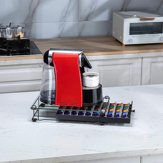 ZCDCP Coffee Pod Holder, Black Nespresso Original Pod Holder, Coffee Capsule Storage Drawer with Crystal Tempered Glass Top, 50 Pods