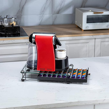 ZCDCP Coffee Pod Holder, Black Nespresso Original Pod Holder, Coffee Capsule Storage Drawer with Crystal Tempered Glass Top, 50 Pods
