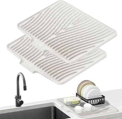 TIKNIK Silicone Dish Drying Mat for Kitchen Counter - Heat Resistant & Non-Slip Dish Drain Pad with Built-In Drain, Dishwasher Safe, Quick-Dry, Hangable & Roll-Up for Storage, Cream-2pcs, 16" x 12"