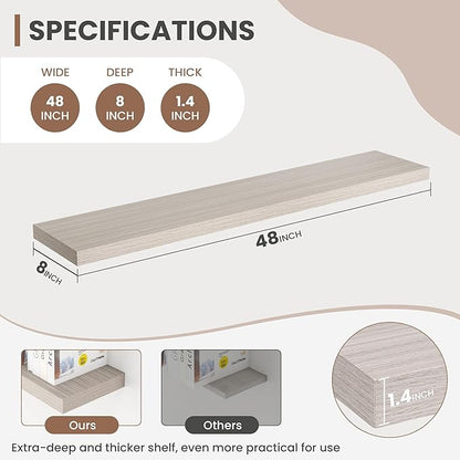 Acovy 48 Inch Floating Shelves, 8 Inch Deep Floating Shelves for Wall, Hanging Shelf with Invisible Brackets, Deep Shelves for Bathroom, Bedroom, Living Room, Grey, Set of 1