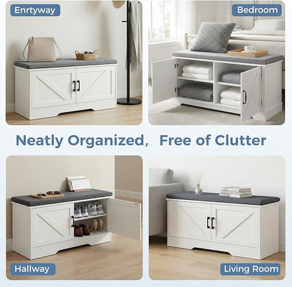DUMOS Shoe Storage Bench, 39" Wide Shoe Organizer Cabinet with Padded Seat Cushion, 2 Doors, Adjustable Shelf for Entryway, Hallway, Bedroom, Living Room, White
