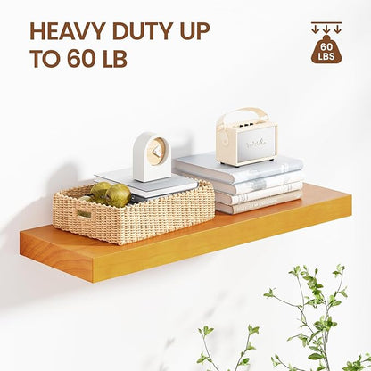 Pine Floating Wall Shelves 24 Inches Long x 8”x 1.4” Wooden Shelf Floating Rustic Farmhouse Decor, Heavy Duty Shelf Hold 60 lbs, Wall Shelves for Bathroom Living Room Kitchen Bedroom Office, Honey Oak