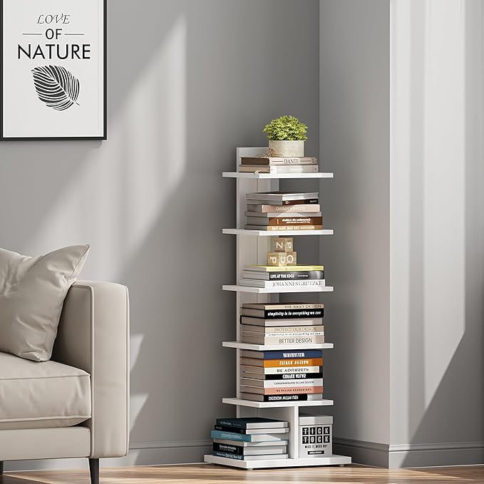TUTOTAK Narrow Bookshelf, 6-Tier Bookcase, Spine Book Shelf for Small Space, Corner Standing Shelf for Living Room, Office, Study, Entryway, White BS06BW016