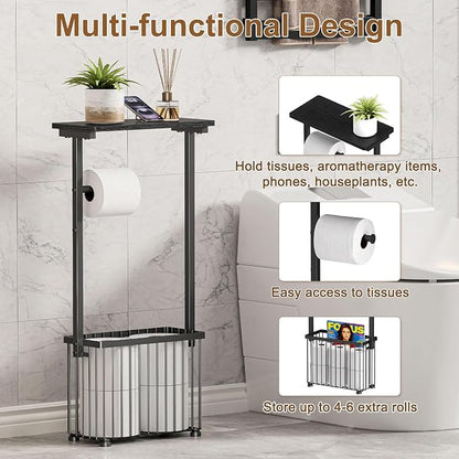 Free Standing Toilet Paper Holder with Storage Shelf – Bathroom Tissue Stand with Space for Phone, Wet Wipes and Magazines – All-in-One Toilet Roll Dispenser and Organizer Holds 4-6 Rolls