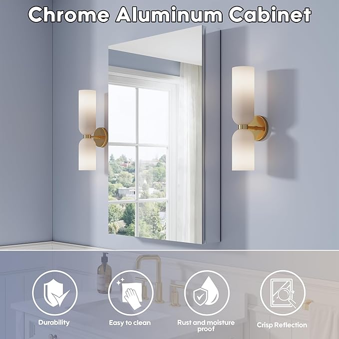WELLFOR 24" x 36" Bathroom Medicine Cabinet, Anodized Chrome Aluminum Frame, Medicine Cabinet with Adjustable Glass Shelves, Bathroom Cabinet with Reverse Door Installation, Surface or Recess Mount