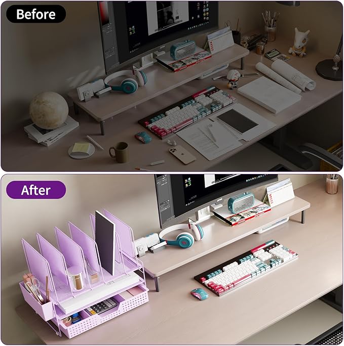Desk Organizer, Office Organization with Vertical File Holder, File Organizer with Drawer and Pen Holder, Desk Accessories and Workspace Organizers for Home Office (Purple)