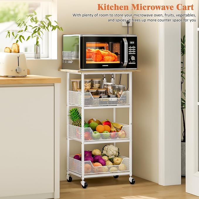 ThreeHio Rolling Kitchen Microwave Cart with Fruit Baskets, 4 Tier Microwave Table Stand with Storage, Kitchen Storge Shelf on Wheels Small Rolling Cart Organizer Rack for Pantry, Living Room