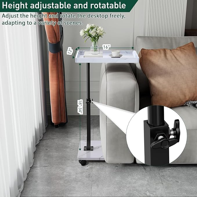 C Table End Table Adjustable Height, 360°Swivel TV Tray Table for Small Spaces, Couch Tables That slide under, C Shaped Side Tables living room and bedroom for Sofa, Bed,Chair, Snack (1, White)
