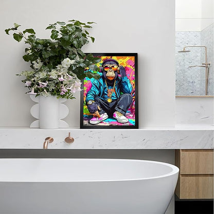 Cool Cute Animal Wall Decor,A Cool Chimpanzees Squatting In Front Of A Graffiti Wall For Bathroom Wall Decor For Bathroom Washroom Restroom Decor Rustic Humor Wall Poster (Black Framed) 12x18 Inch