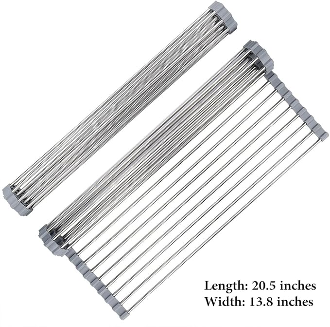 Hhyn Roll Up Dish Drying Rack 20.5"(L) x 13.8"(W) - Stainless Steel and Silicone Dish Drying Mat Over The Sink Foldable Drain Rack Multipurpose Dish Drainer Extra Large, Gray
