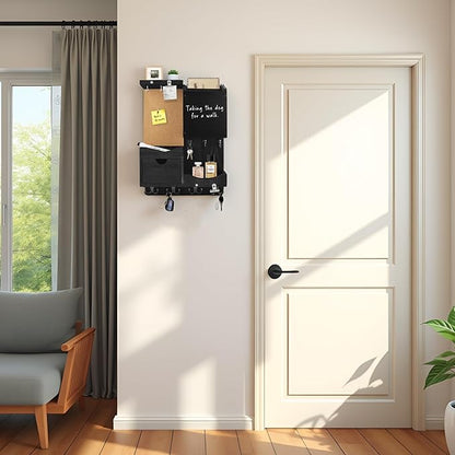 Key Holder Wall Mount， Mail Organizer Key Holder for Wall with Shelf, Drawer, Chalkboard, Corkboard, Home Decor Wall Mounted for Room Entryway (Black)