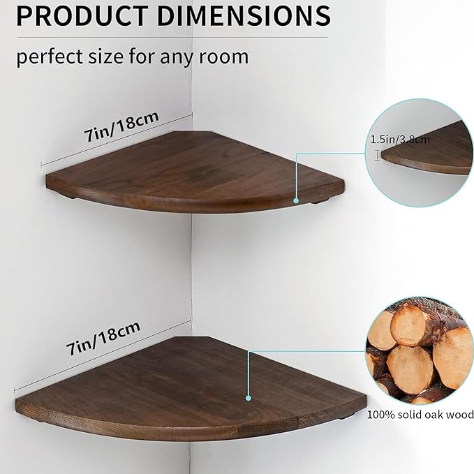 Conamily Corner Shelves, Floating Corner Shelf, Set of 2 7inch Solid Oak Wood Corner Wall Shelves, Round End with Wire Hole for Small Plant for Bedroom Kitchen, Living Room